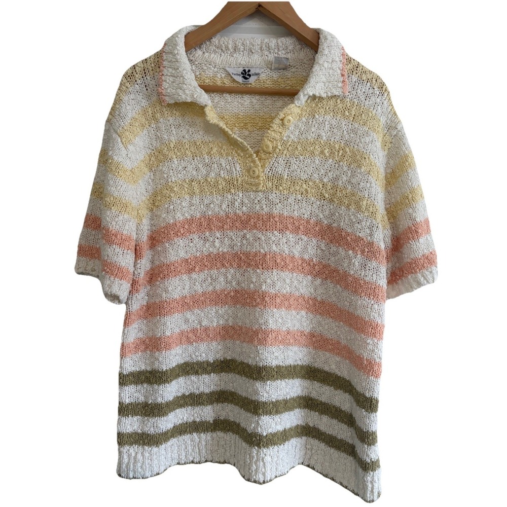 Vintage 80s HBC Hudson's Bay Striped Knit Polo Pastel Retro Sweater LG 22" P2P